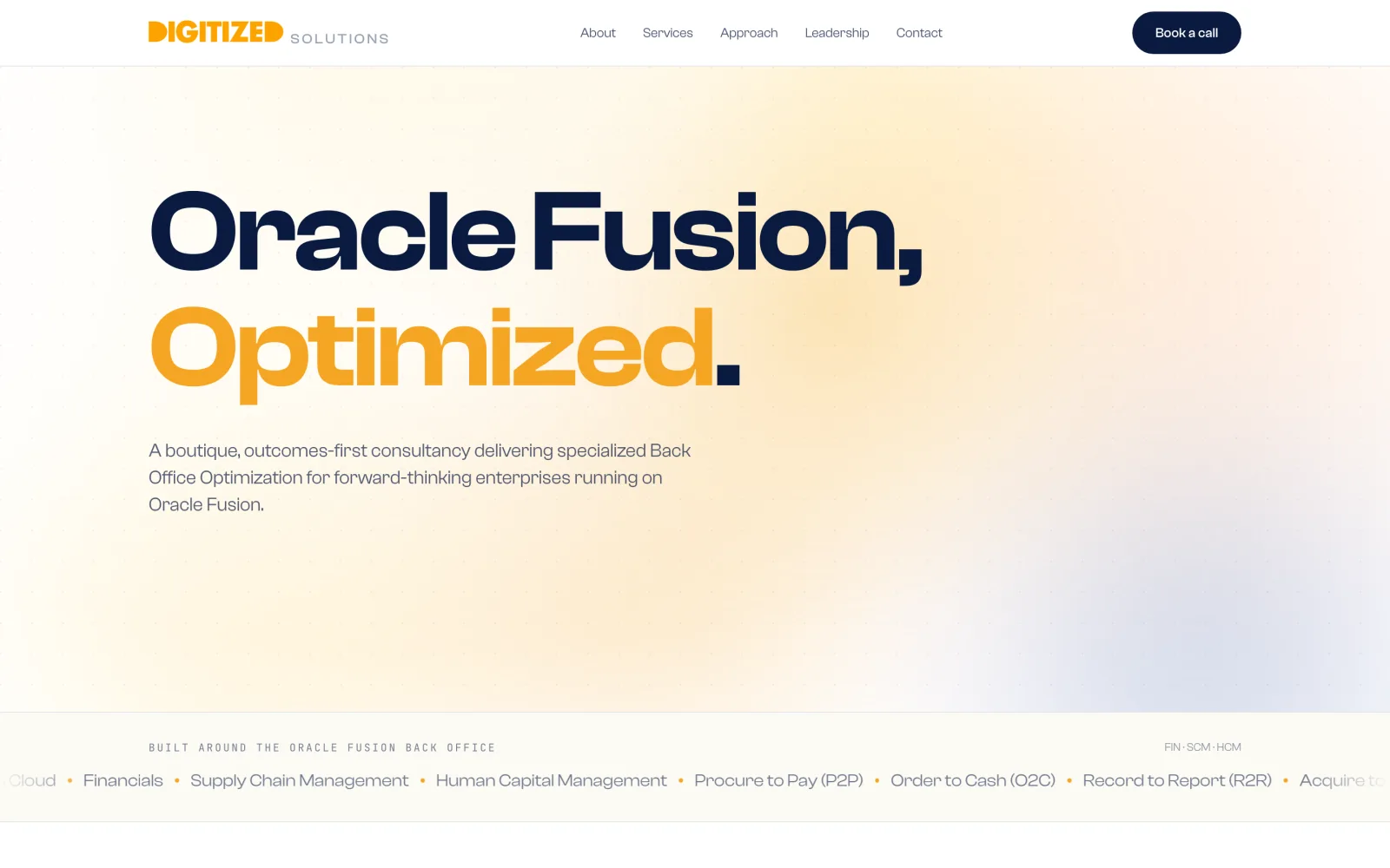 Digitized Solutions site: “Oracle Fusion, Optimized.” hero for a back-office optimization consultancy.