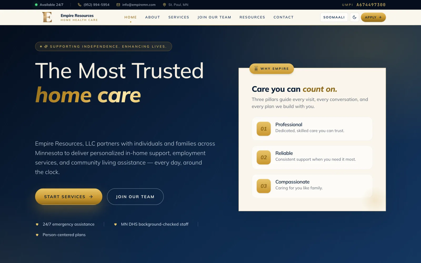 Empire Resources home health care site: “The Most Trusted home care” hero with a bilingual EN/SO toggle.