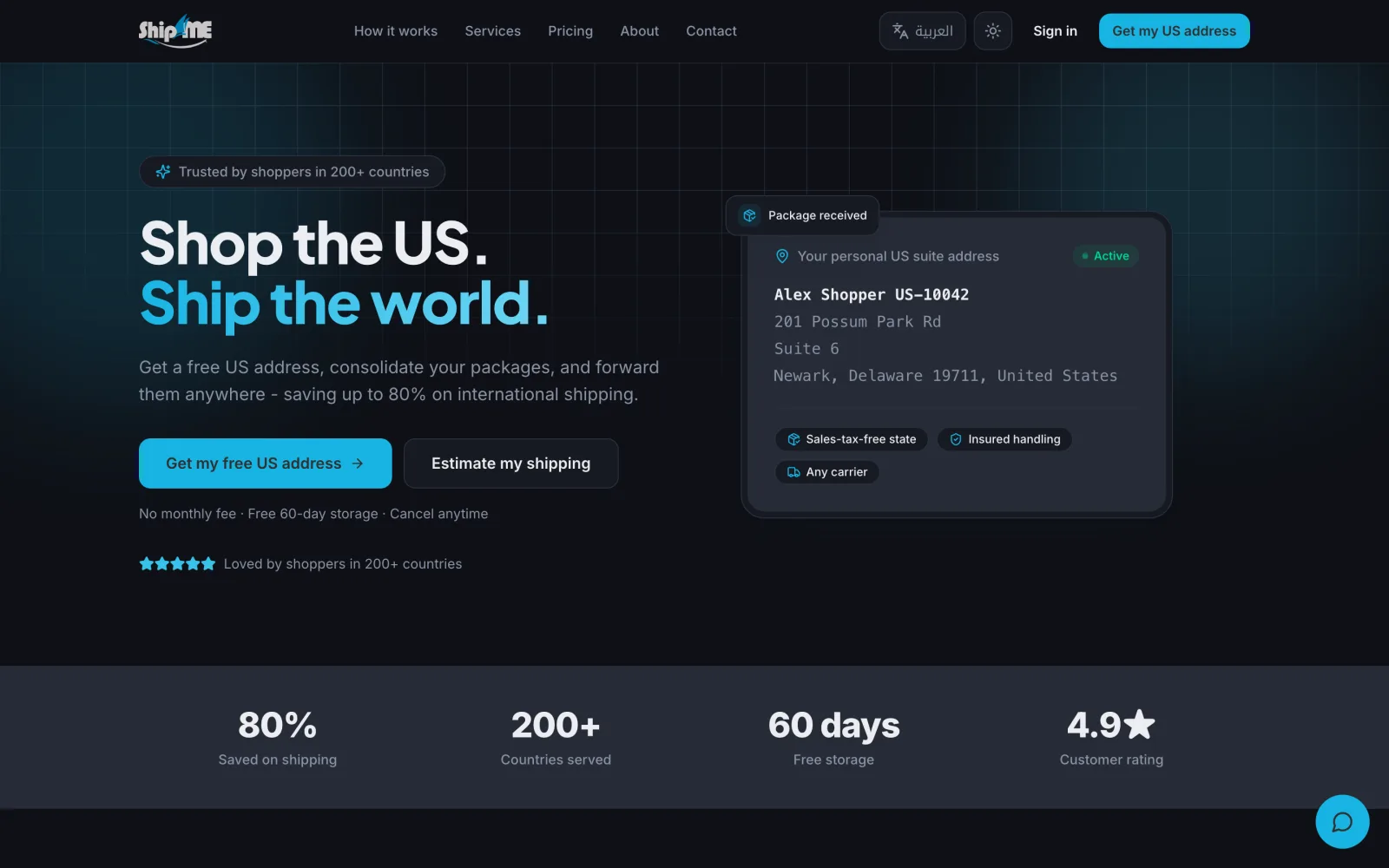 eShip4Me hero: “Shop the US. Ship the world.” with a personal US suite address card.