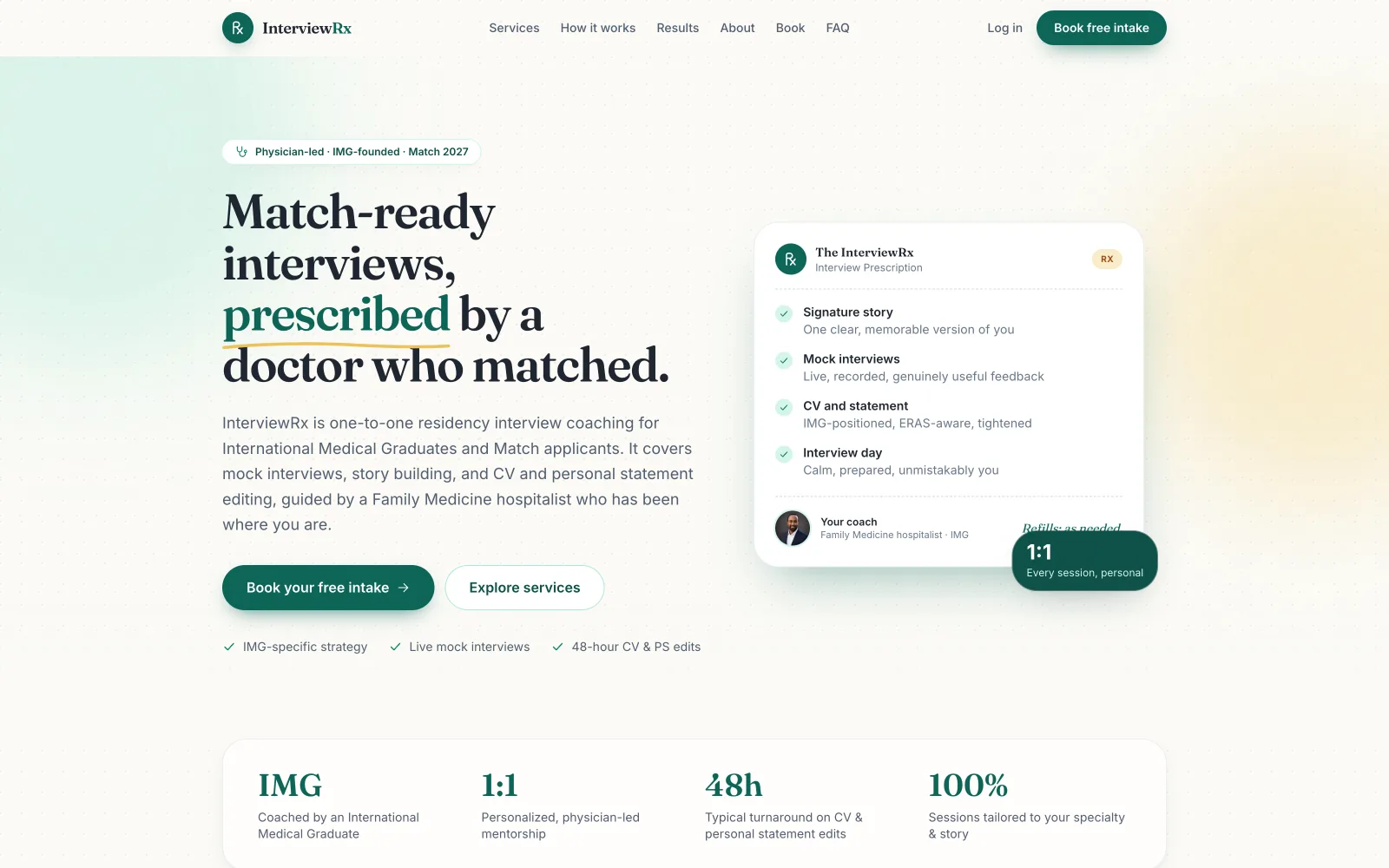 InterviewRx hero: “Match-ready interviews, prescribed by a doctor who matched.” with an interview-prescription card.
